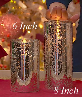 Moving Flame 8 Inch Silver Mercury Glass Flameless Cylinder Candle -Timer