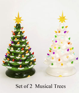 Set of 2 Assorted Green Dolomite and White Dolomite Lighted Trees With Music Setting - 13.9 Inch
