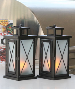 Set of 2 LED Fire Flame Metal and Glass Lanterns