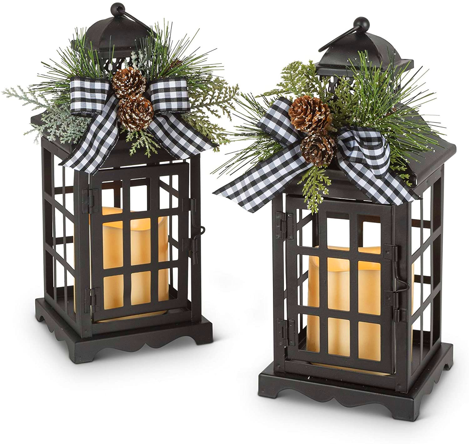 Set of 2 Battery Operated Lighted Black Metal Holiday Lanterns with