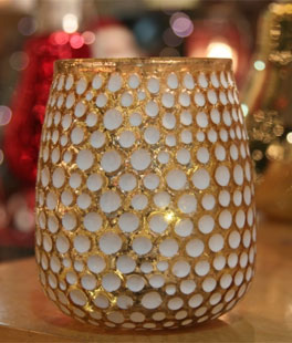 Gold and White Honeycomb Glass Votive With Lights - Battery Operated 5.5 Inch