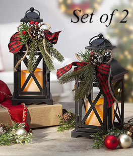 Set of 2 Battery Operated Lighted Christmas Metal Holiday Lanterns with Floral Accents and Timer