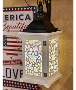White Battery Operated Lighted Wood & Metal Americana Hologram Lantern - 13 Inch