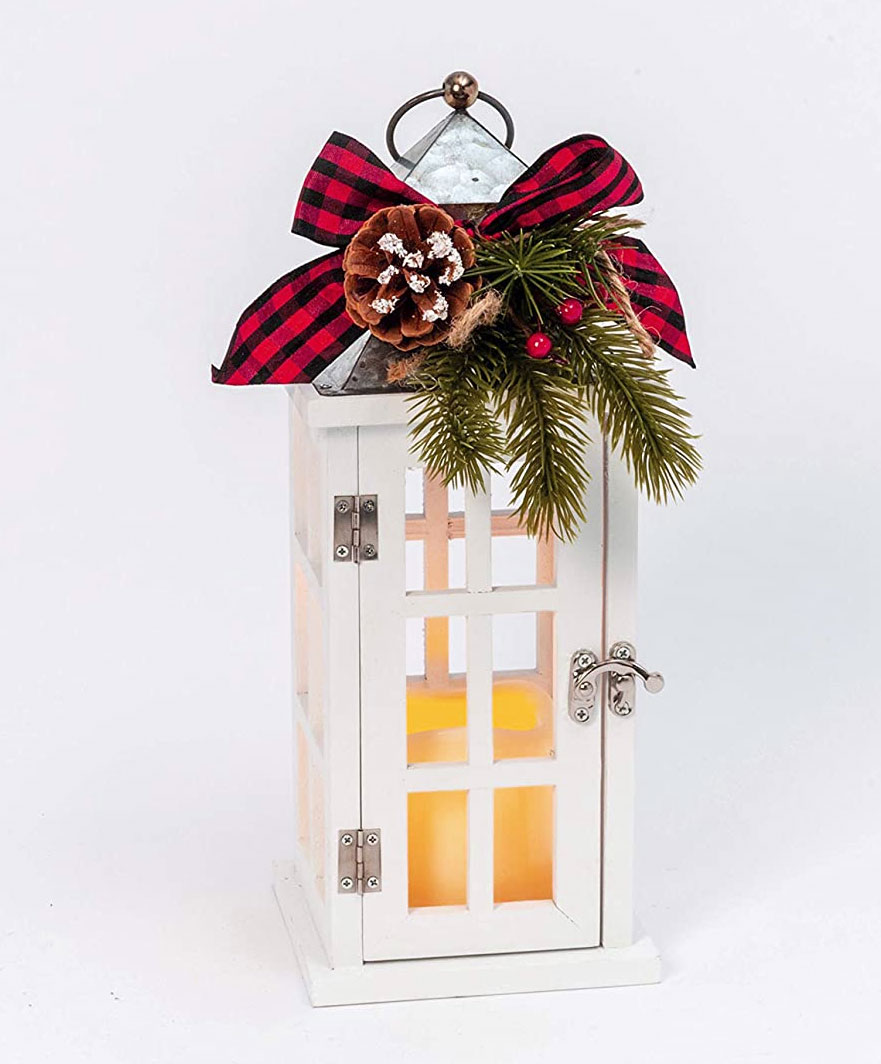 Windowpane Christmas Candle Lantern White Wood With Metal Top - Floral ...