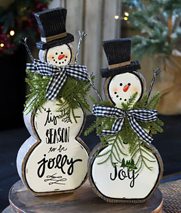 Set of 2 White Resin Snowmen With Pine and Bows -