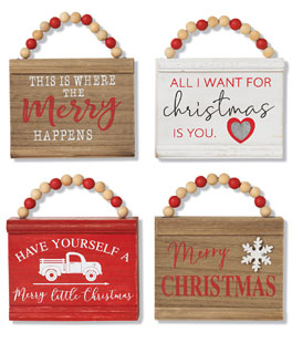 Wood Christmas Sign Ornaments With Beaded Hangers - Set of 4 Assorted