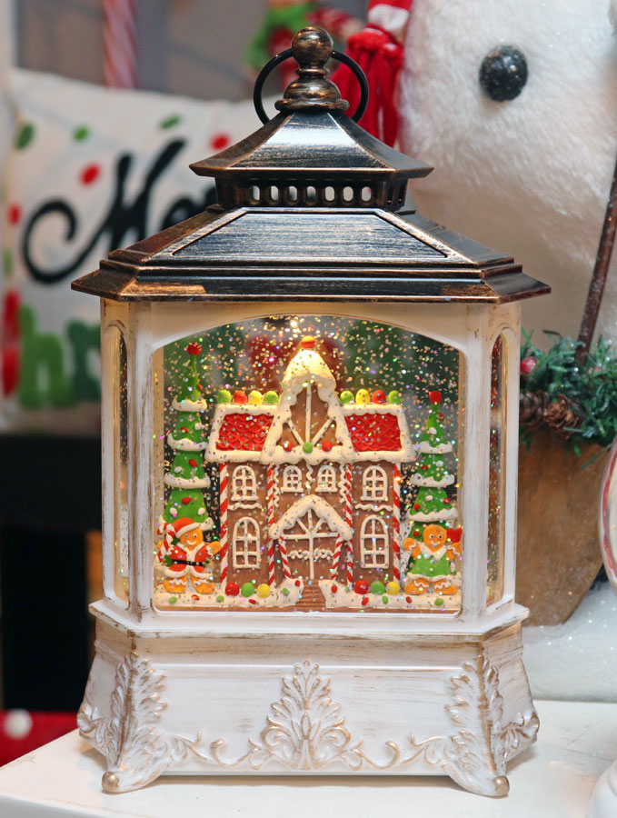 Musical Lighted Water Lantern With Gingerbread House Design - Optional Music Setting