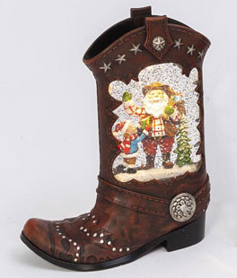 Lighted Cowboy Boot With Santa Water Lantern In Swirling Glitter