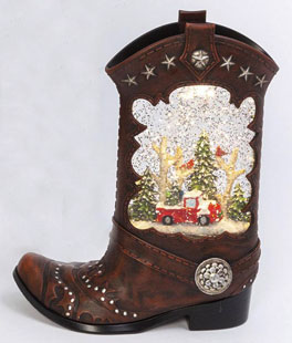 Lighted Cowboy Boot With Truck Water Lantern In Swirling Glitter