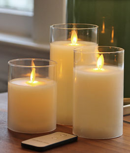 Moving Flame Glass Pillar Candles - Set of 3 | 5,6,7 Inch With Remote