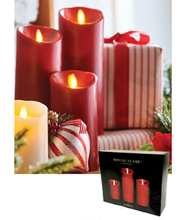 Set of 3 Moving Flame Red Pillar Candles -  Remote Included