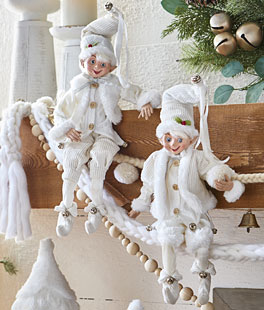 16 Inch Cozy Knit White Christmas Posable Elf Figures SET OF 2
