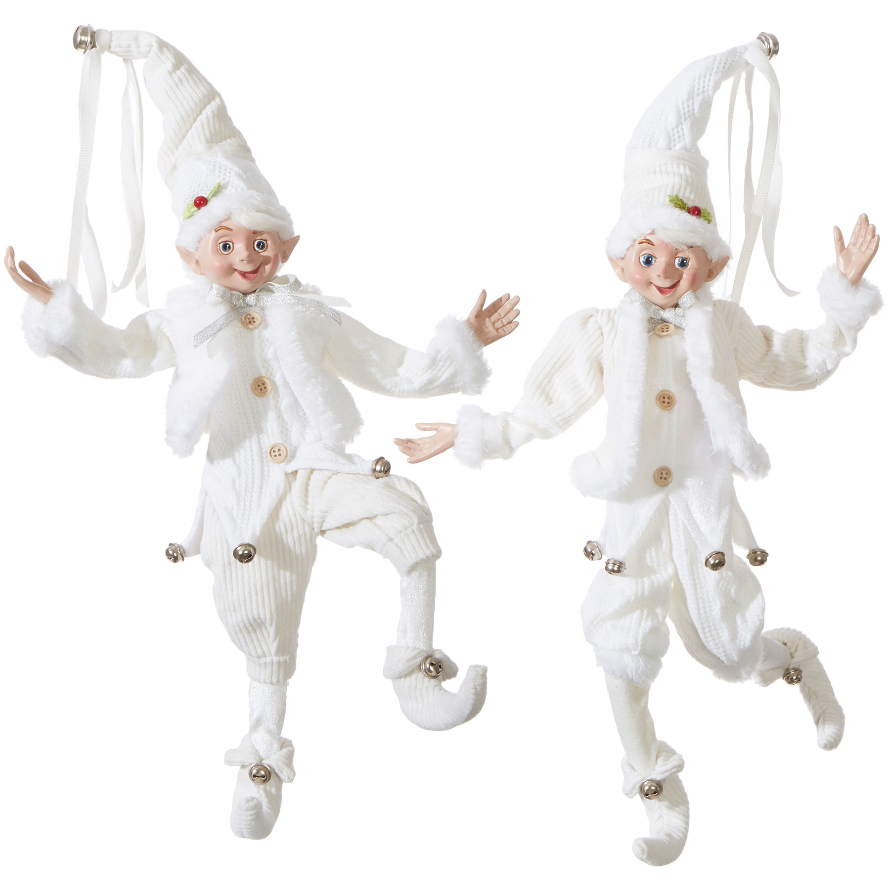 16 Inch Cozy Knit White Christmas Posable Elf Figures Set Of 2