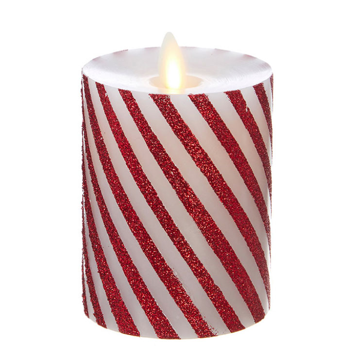 4 Inch Moving Flame Red and White Peppermint Striped Christmas Candle