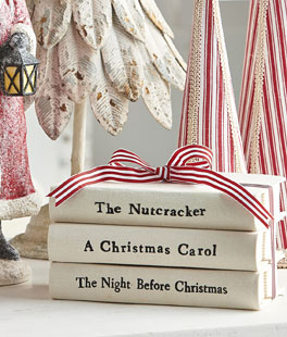 Stacked Christmas Books With Red and White Ribbon - Set of 3, 8 Inch