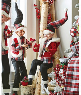 Set of 2 Posable Christmas Elf Figures With Cardinals In Plaid 2 Assorted