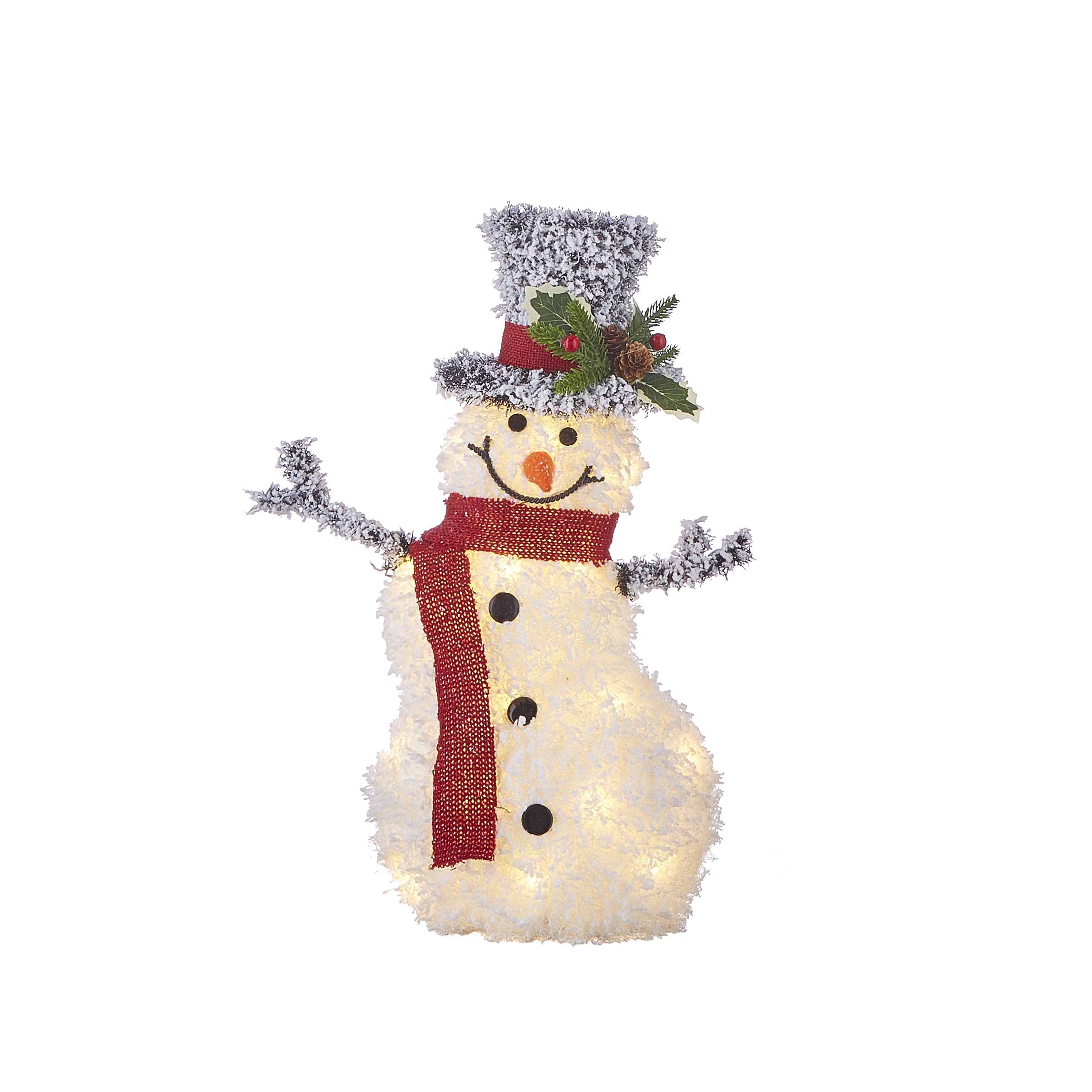 Battery Operated Lighted Flocked Tinsel Snowman With Top Hat 20.5 Inch