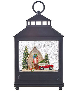 American Christmas Scene Lighted Water Lantern - Barn and Red Truck In Swirling Glitter