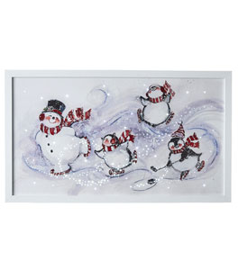 Ice Skating Snowman and Penguins Lighted Canvas Print White Wood Frame- 23.75 Inch