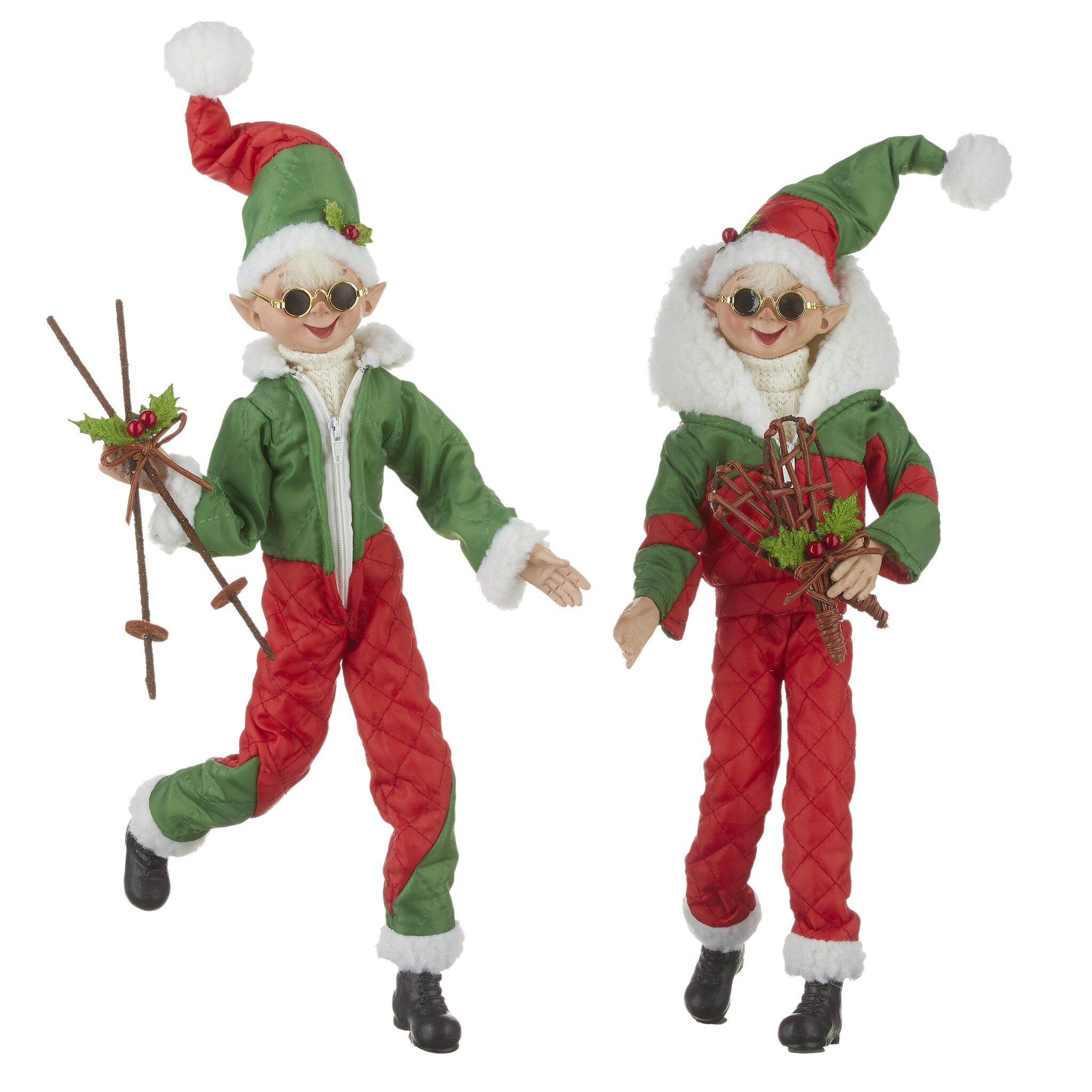 Snow Skiing 16 inch Posable Elf Figurine, Set of 2 Assorted