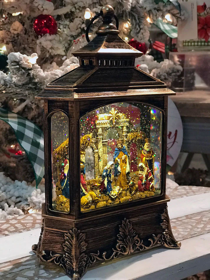 Nativity Scene Antique Bronze Lighted Water Lantern With Swirling Glitter - Plays Silent Night