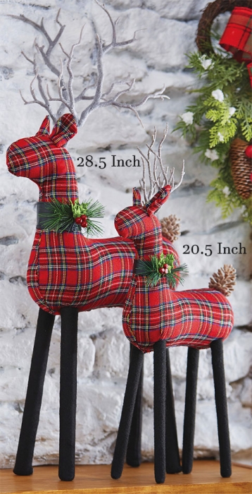 Plaid store Deer, Set of 2, Pine Collar & Snow, Standing Deer 15”, Laying Deer 11”