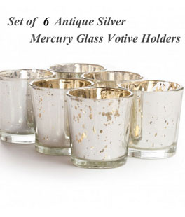 Set of 6  Silver Mercury Glass Votive Holder 2.5 Inches