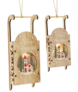 Set of 2 LED Sled Cut Out Wood Ornament - 6 Hour Timer