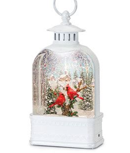 White Lighted Water Lantern With Cardinals and Town Scene Snow Globe - 10.5 Inch