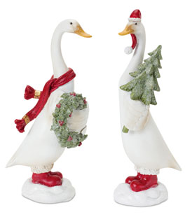 Christmas Goose Figurine Set of 2 Assorted Resin  9.5 - 10 Inch