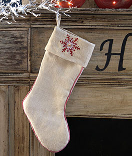 Snowflake Button Burlap Christmas Stocking