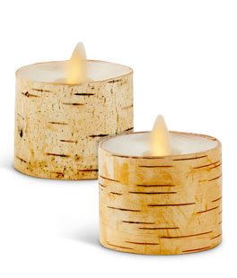 Set of 2 Ivory Birch Wrapped Unscented Luminara Moving Flame Tealights