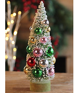 Bottle Brush Tree with Ornaments and Wood Base - 10 Inch