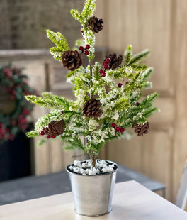 22 Inch Holiday Tree in Silver Bucket With Berries Snow and Pine Cones