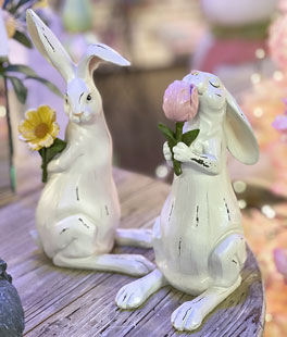 Set of 2 Assorted Bunny Holding Flowers - 10 Inch