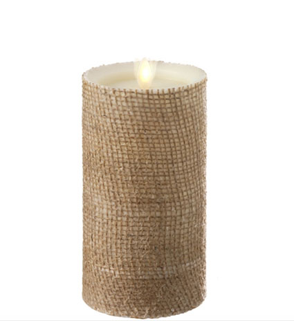 Moving Flame Burlap Wrapped Flameless Candle 3.5 x 7 Timer - Remote Ready