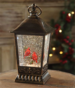 11.5 Inch Bronze Lighted Water Lantern - 2 Cardinals Design In Swirling Glitter - Timer