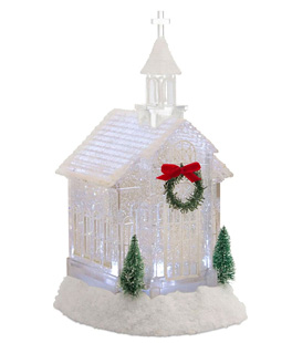 LED Lighted Church Water Lantern With Evergreens and Wreath - 10.5 Inch