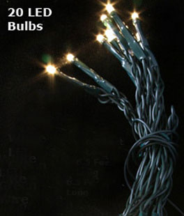 Battery Mini Lights 20 LED Warm White Bulbs - Green Wire - 7 Feet Long