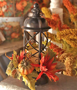 12 Inch Lighted Harvest Lantern With LED Candle and Floral Accents - Timer