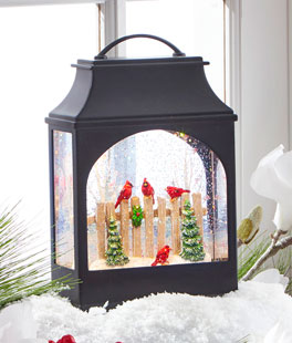 11 Inch Cardinals On A Fence Lighted Water Lantern With Swirling Glitter - USB Cord Included