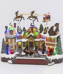 Musical Animated Holiday Village With Flying Sleigh and Reindeer