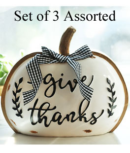 Set of 3 Assorted Resin Harvest Pumpkin Signs With Black and White Checked Bow 8.2 Inch