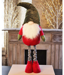 Holiday Gnome With Extendable Legs - Green Hat, Striped Legs - 46 Inch