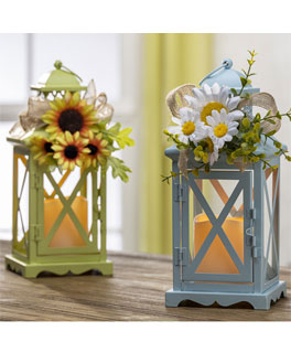 Set of 2 Spring and Summer Metal Lanterns with Floral Accents -Timer