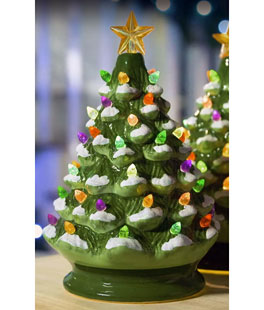 Lighted Green Ceramic Dolomite Christmas Tree - Optional Music Setting Battery Operated