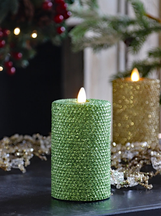 4 Inch Green Glittered Honeycomb Wax Flameless Candle