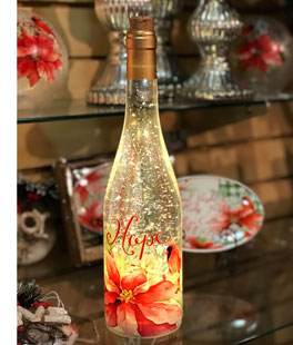 Lighted Wine Bottle With Swirling Glitter Hope Poinsettia Design With Cardinals Snow Globe