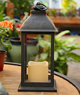Battery Operated Brushed Bronze Candle Lantern - 12 Inch