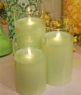 Light Green Moving Flame Glass Pillar Candles - Set of 3 | 5,6,7 Inch With Remote